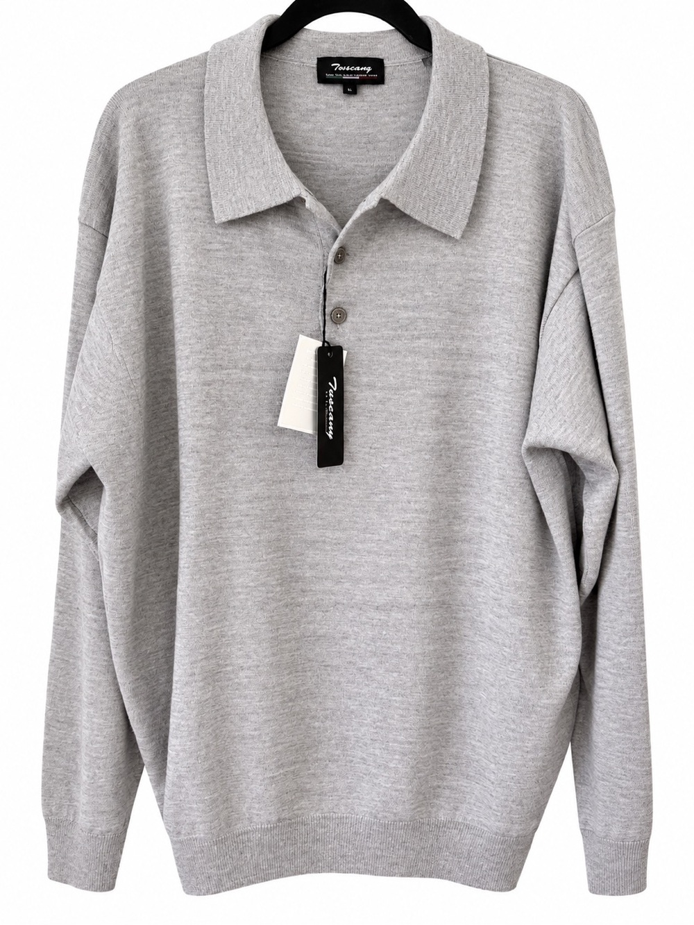 Tuscany Soft Men's Gray Polo Sweater- Extra Fine Italian Merino Wool XL